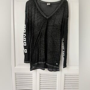 Black V-neck Lightweight sheer Long Sleeve Top with Sleeve Lettering